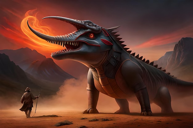 Мультяшный динозавр с человеком в маске и мечом на голове