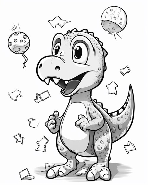 Foto dinosauro dei cartoni animati con palloncini da festa e confetti generativo ai