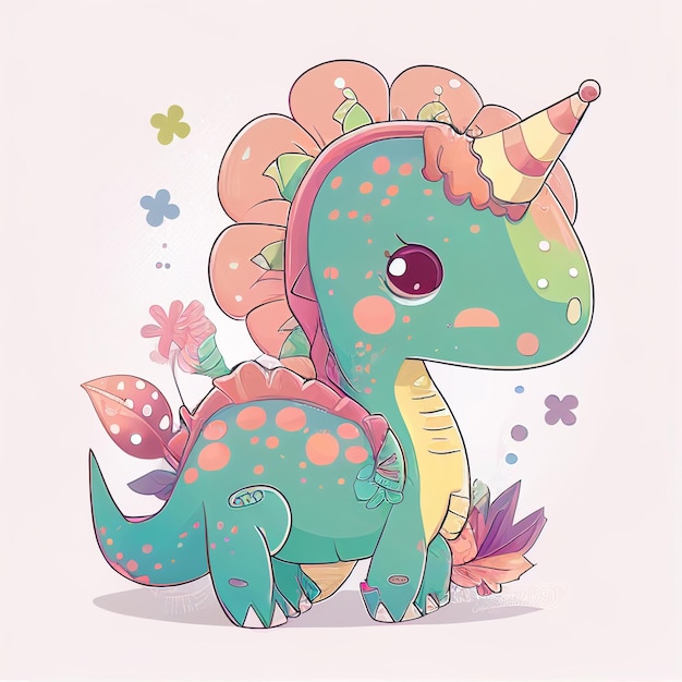 Cartoon dinosaur with a party hat and flowers generative ai