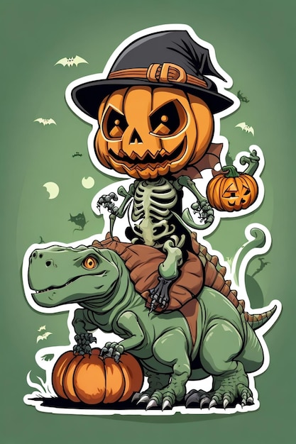 A cartoon of a dinosaur with a pumpkin on it