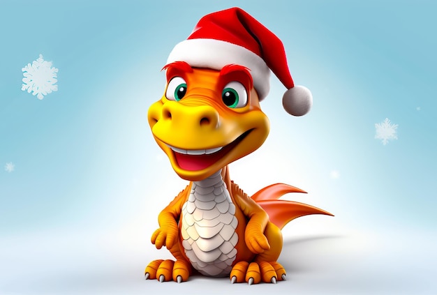 Cartoon dinosaur with santa hat sitting down on blue background with snowflake on it's head Generative AI