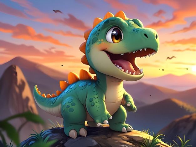 a cartoon of a dinosaur with a sunset in the background