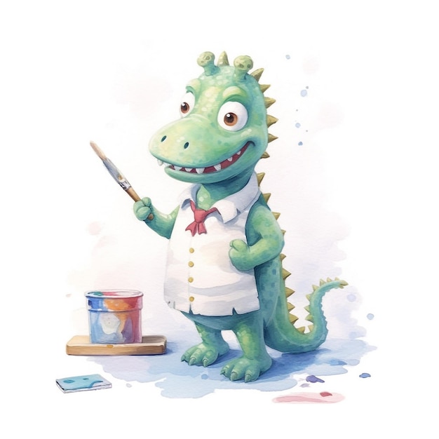 A cartoon dinosaur with a white shirt and a red bow tie is standing next to a paint can.