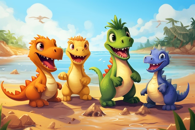 cartoon dinosaurs are at the beach in the style of vibrant stage backdrops