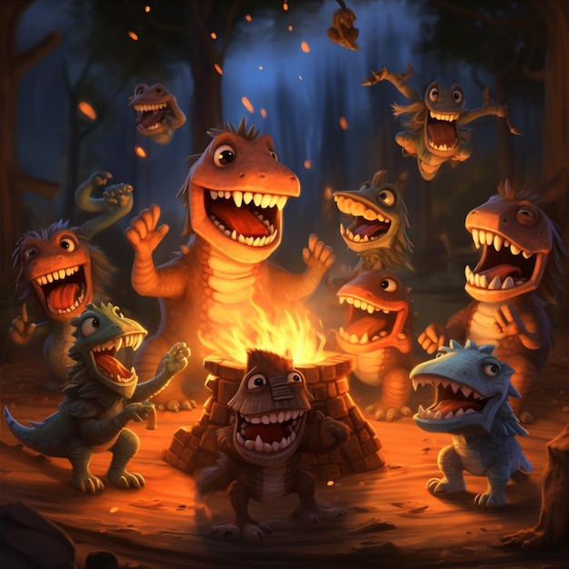 cartoon dinosaurs are gathered around a campfire in the woods generative ai