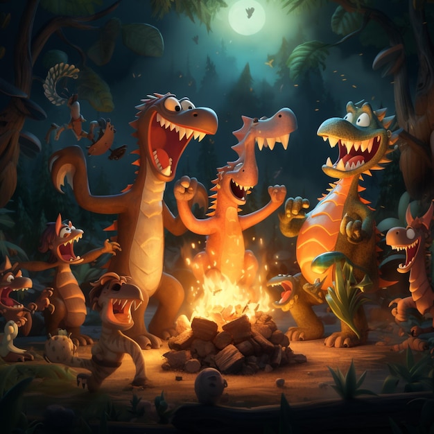 cartoon dinosaurs are gathered around a campfire in the woods generative ai