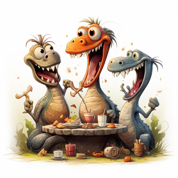 cartoon dinosaurs eating a meal at a table with a drink generative ai