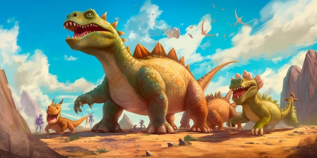 Cartoon dinosaurs embarking on an exciting archaeological expedition