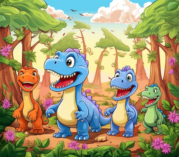 Cartoon dinosaurs in the forest generative ai