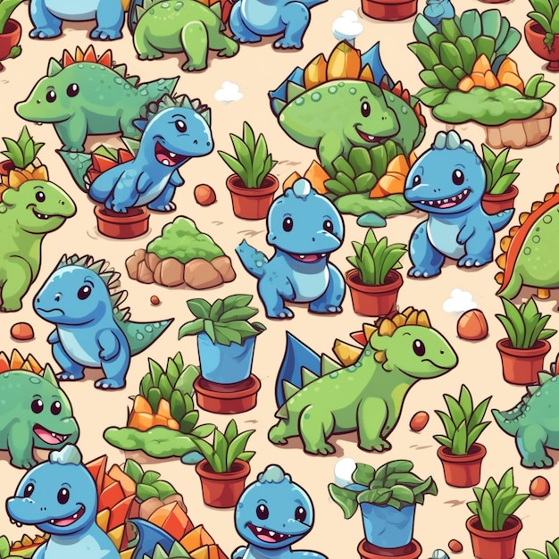 Cartoon dinosaurs and plants in pots with a sky background generative ai