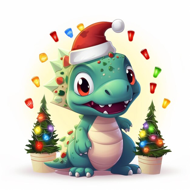 cartoon dinosaurus met kerstboom en verlichting eromheen generatieve ai