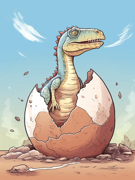 Cartoon dinosaurus uit een ei met een hemel achtergrond generatieve ai