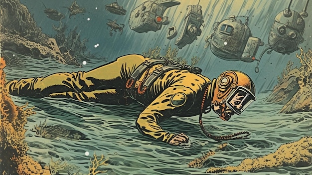 A cartoon of a diver in a water with a yellow helmet and a yellow helmet.