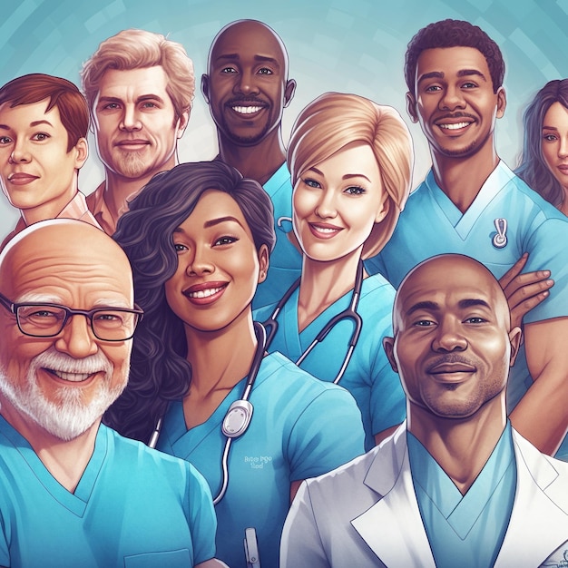 Photo cartoon of a diverse group of healthcare professionals