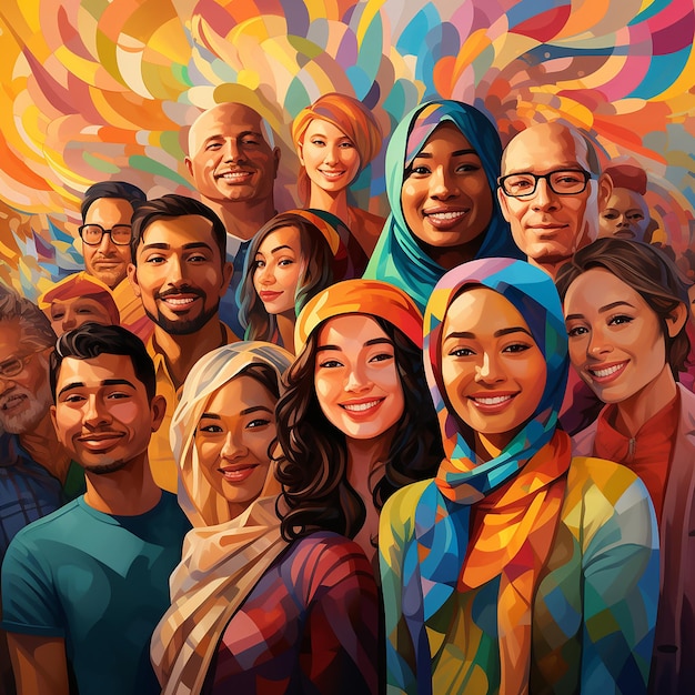 Cartoon Diversity inclusion and equality ethnicities world population painting illustration