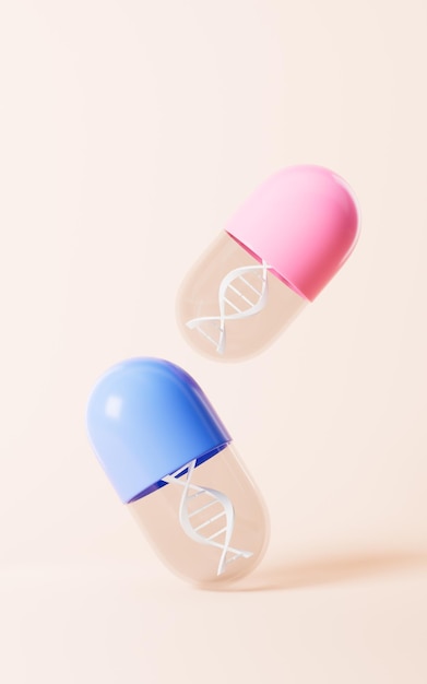 Cartoon DNA and capsule 3d rendering Digital drawing