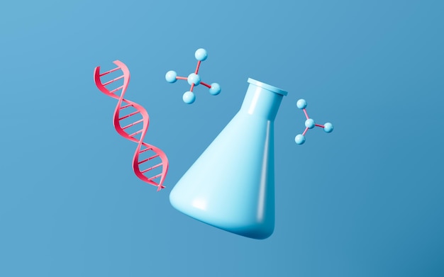 漫画の DNA と緑色の背景の 3 d レンダリングの三角フラスコデジタル図面