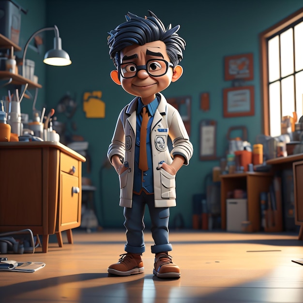 A cartoon doctor character is standing in a room with a desk and many other objects