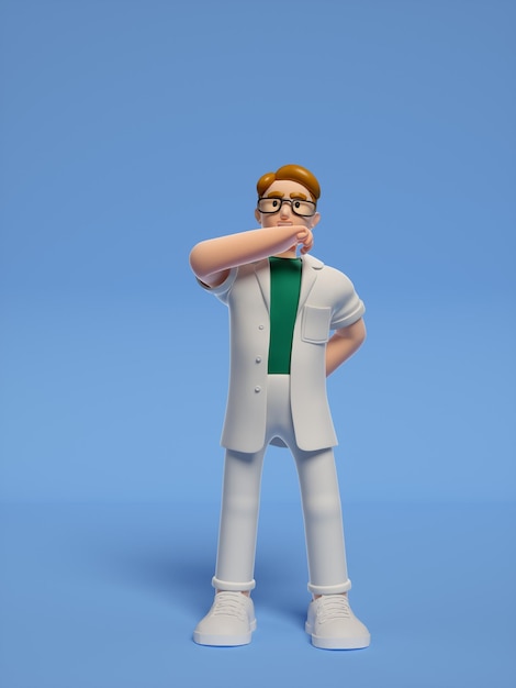 Photo a cartoon of a doctor in glasses and a green shirt stands in front of a blue background.