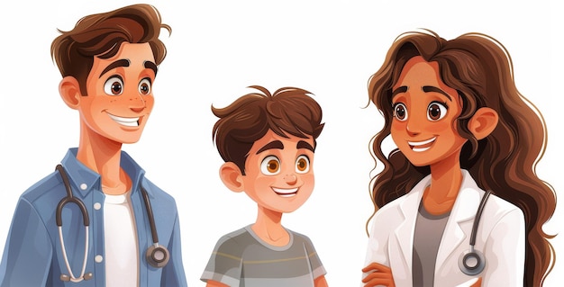 Cartoon doctor and nurse with little boy on white background