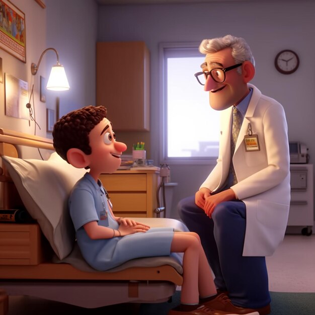 cartoon doctor talking to a boy in a hospital bed generative ai