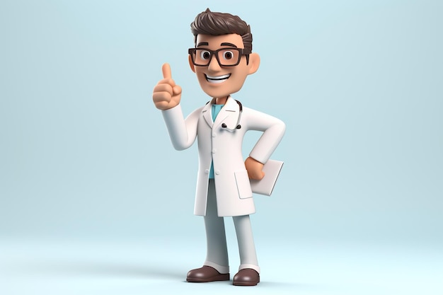 Cartoon doctor wears white coat and glasses shows finger up holds blank clipboard