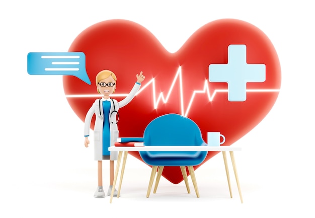 Cartoon doctor with a big red heart, medical cardiology concept