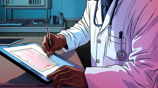 Photo a cartoon of a doctor writing on a paper with a pen