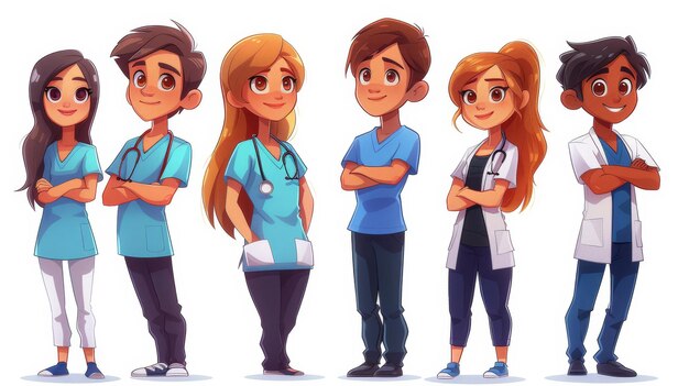 Cartoon doctors characters Medical staff nurse and doctor in uniform isolated on white background