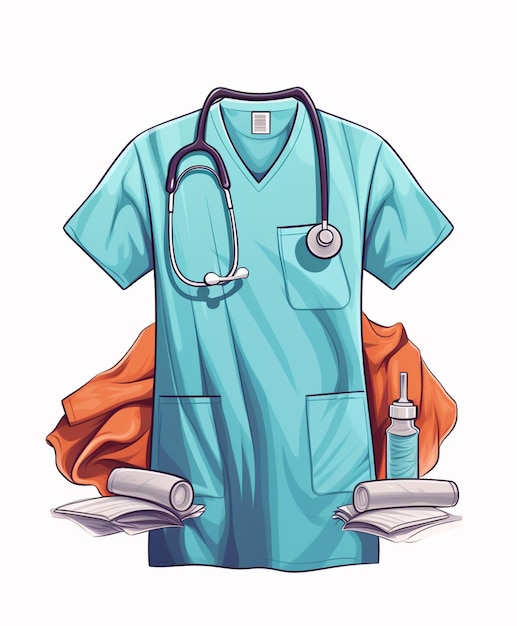 a cartoon of a doctors scrub suit with a stethoscope and a bottle generative ai