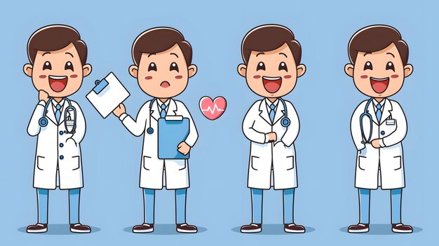 Photo cartoon doctors with stethoscopes clipboards and medical symbols on blue background