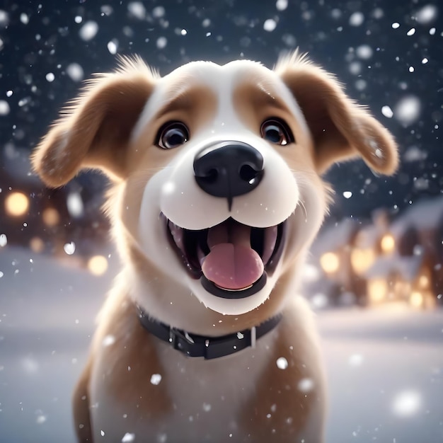 Cartoon dog 3d catches snowflakes with his tongue and laughs