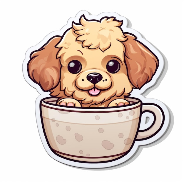 Photo cartoon dog in a cup sticker generative ai