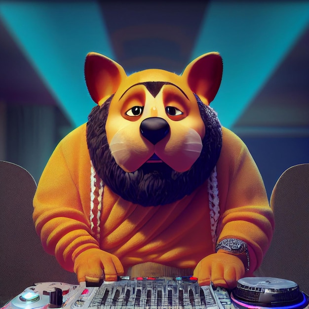 Cartoon dog DJ playing the mixing table at concert