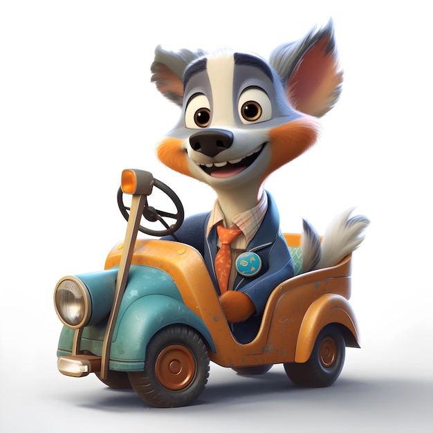 A cartoon dog is driving a car with a blue shirt and orange tie.