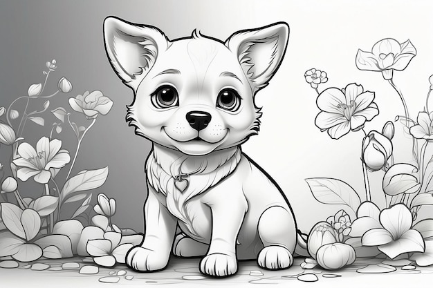 a cartoon dog is sitting in front of a flowered background