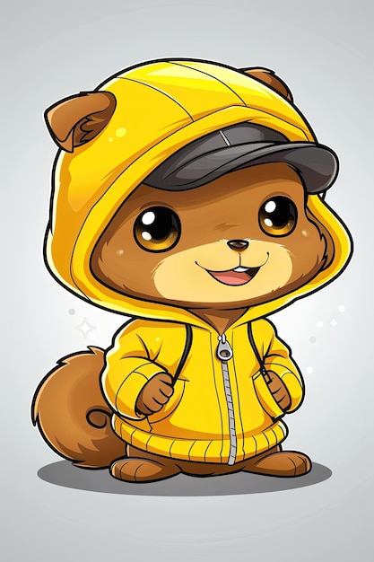 A cartoon dog is wearing a yellow raincoat and a black hat