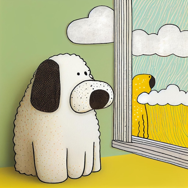 Photo cartoon dog looking out window at a yellow dog in the distance generative ai