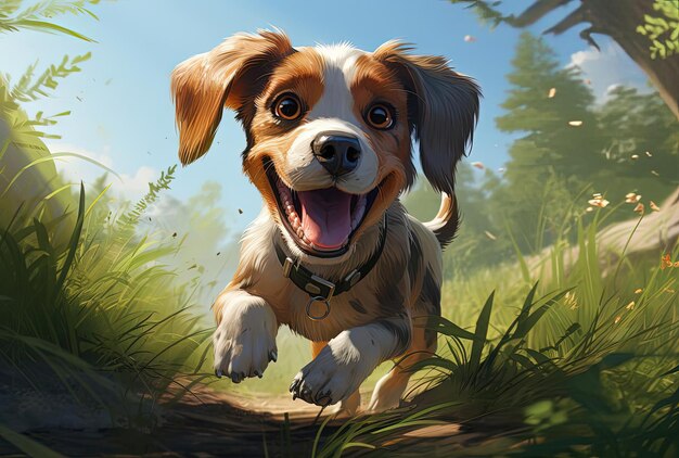 オリバー・ウェッターのスタイルで草の上を走る漫画の犬