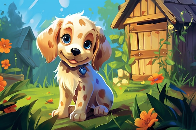 Cartoon dog sitting in the grass near a small house generative ai