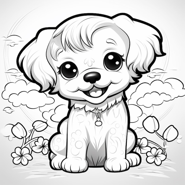 Photo cartoon dog sitting in the grass with flowers and clouds generative ai