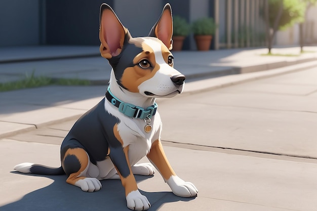 Cartoon dog sitting on the ground with a collar around its neck generative ai