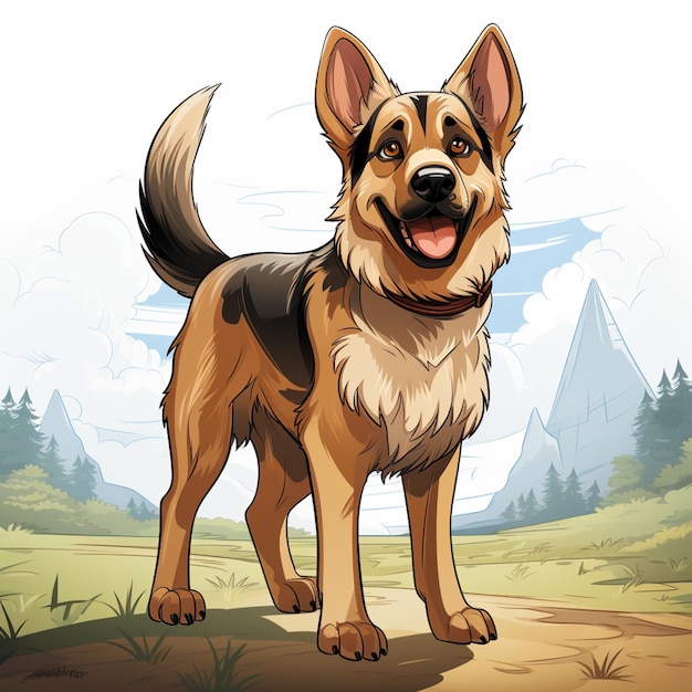 мультфильм собака стоит в поле с горами на заднем плане генеративный ай