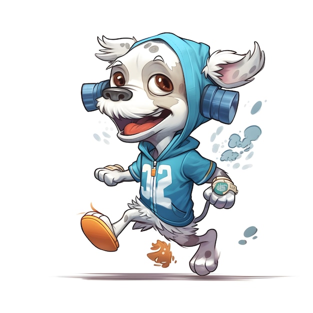 A cartoon dog wearing a blue hoodie with the number 32 on it.