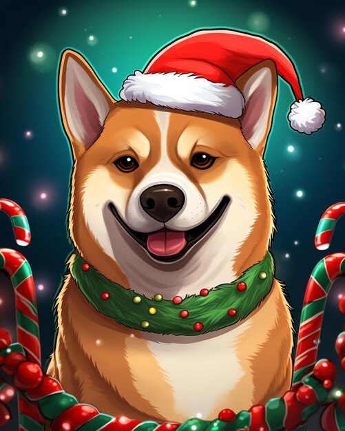 Photo cartoon dog wearing a santa hat and holding a candy cane generative ai