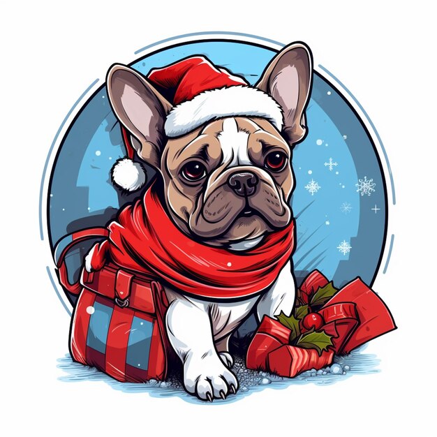 Photo cartoon dog wearing a santa hat and scarf with presents generative ai
