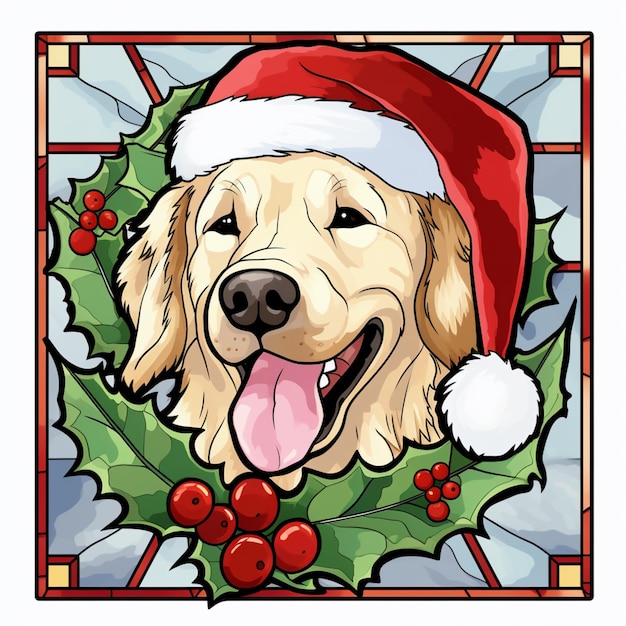 Photo cartoon dog wearing a santa hat with holly leaves and berries generative ai