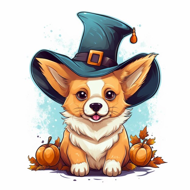 Cartoon dog in a witch hat and pumpkins generative ai