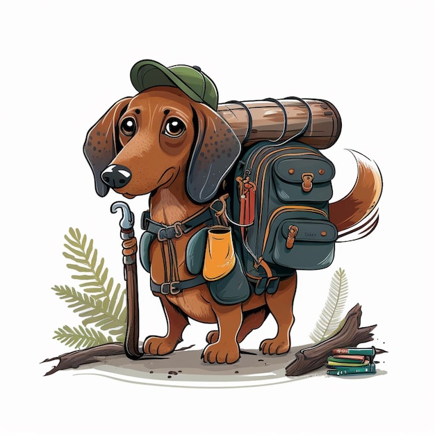 Photo cartoon dog with backpack and hiking stick standing on the ground generative ai