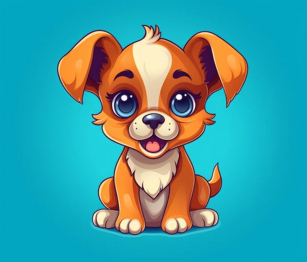 A cartoon dog with big blue eyes sits on a blue background.